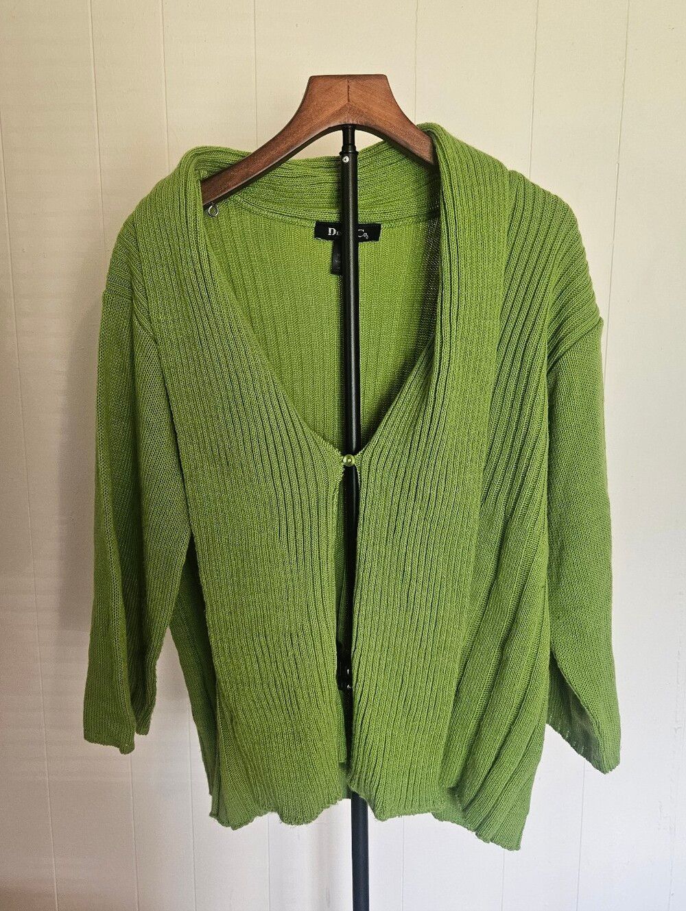 Denim&Co Lime Green Ribbed Open-Front Cardigan With One Button Size XL